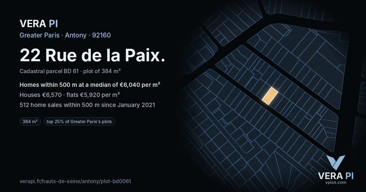 22 Rue de la Paix, Antony at night – the plot lit, the parcels around coloured by the prices near them