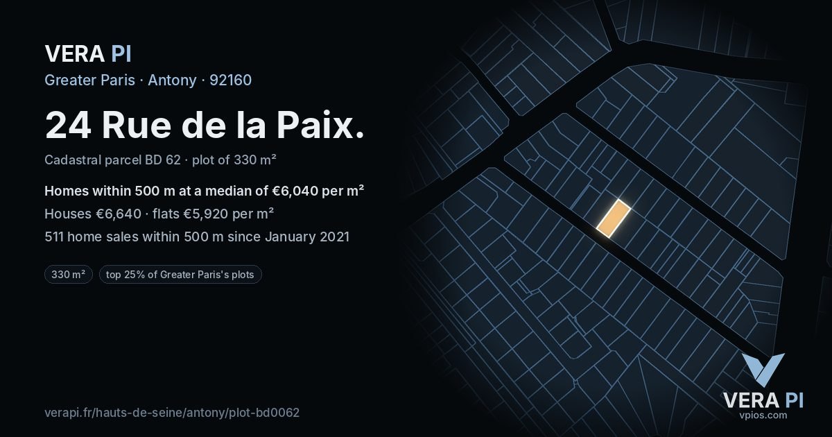 24 Rue de la Paix, Antony at night – the plot lit, the parcels around coloured by the prices near them