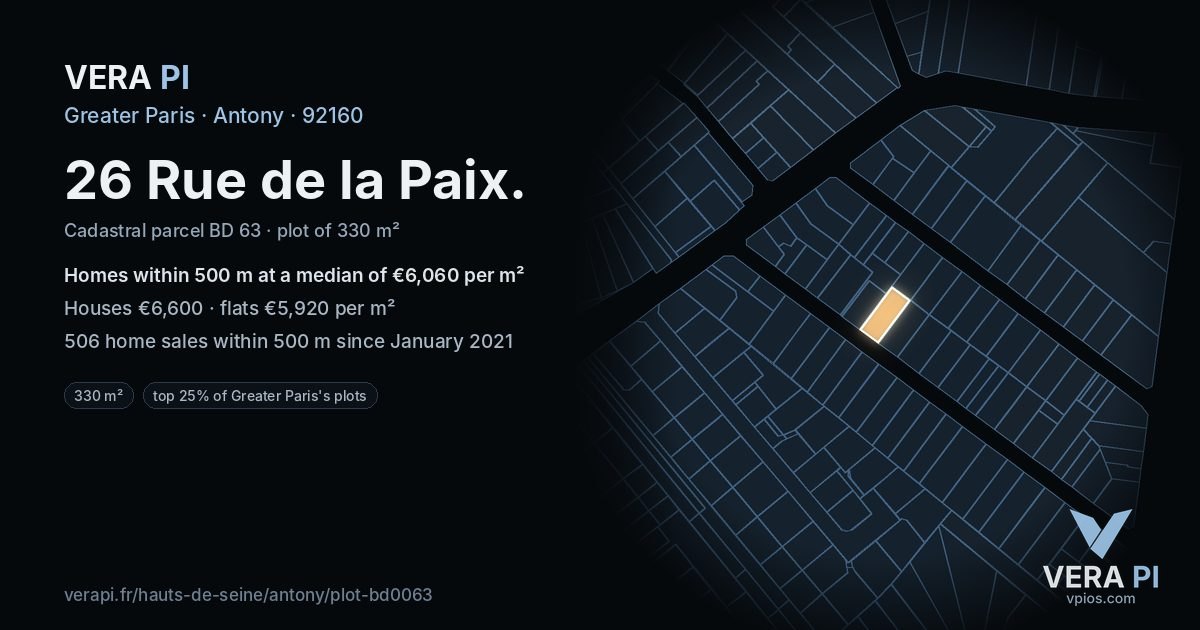 26 Rue de la Paix, Antony at night – the plot lit, the parcels around coloured by the prices near them