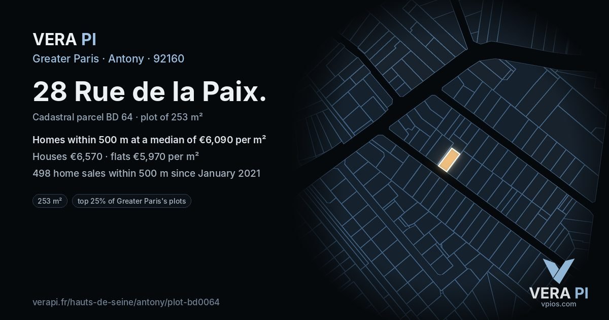 28 Rue de la Paix, Antony at night – the plot lit, the parcels around coloured by the prices near them