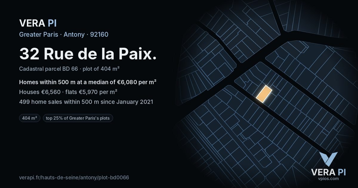 32 Rue de la Paix, Antony at night – the plot lit, the parcels around coloured by the prices near them