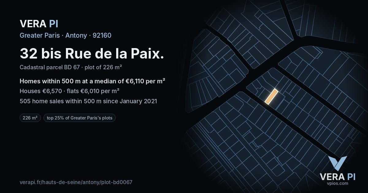 32 bis Rue de la Paix, Antony at night – the plot lit, the parcels around coloured by the prices near them