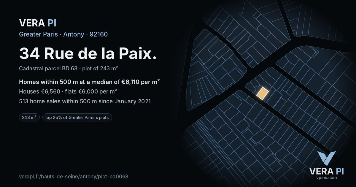 34 Rue de la Paix, Antony at night – the plot lit, the parcels around coloured by the prices near them