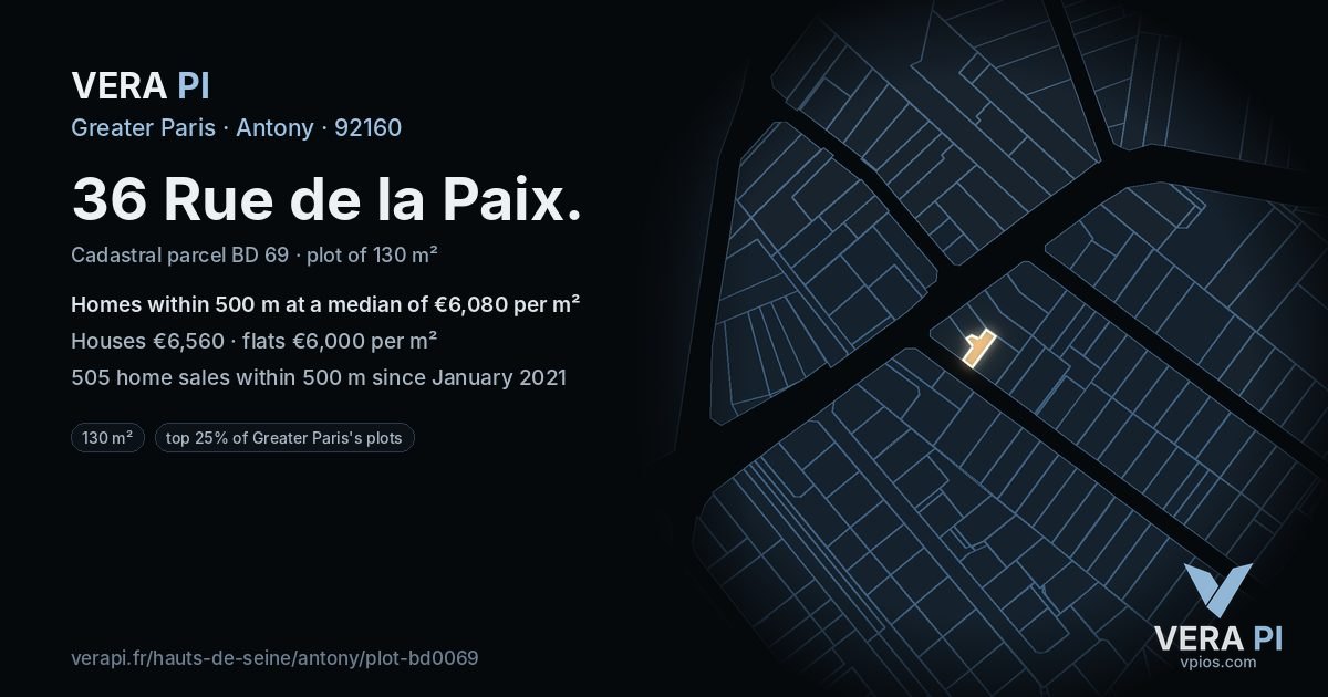 36 Rue de la Paix, Antony at night – the plot lit, the parcels around coloured by the prices near them