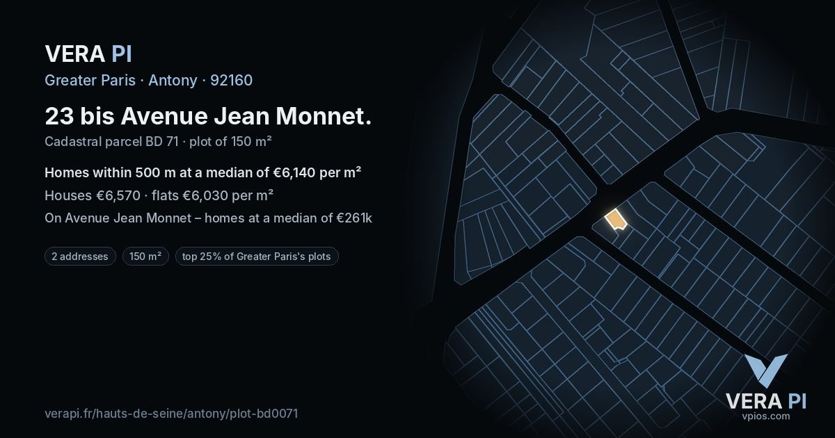 23 bis Avenue Jean Monnet, Antony at night – the plot lit, the parcels around coloured by the prices near them