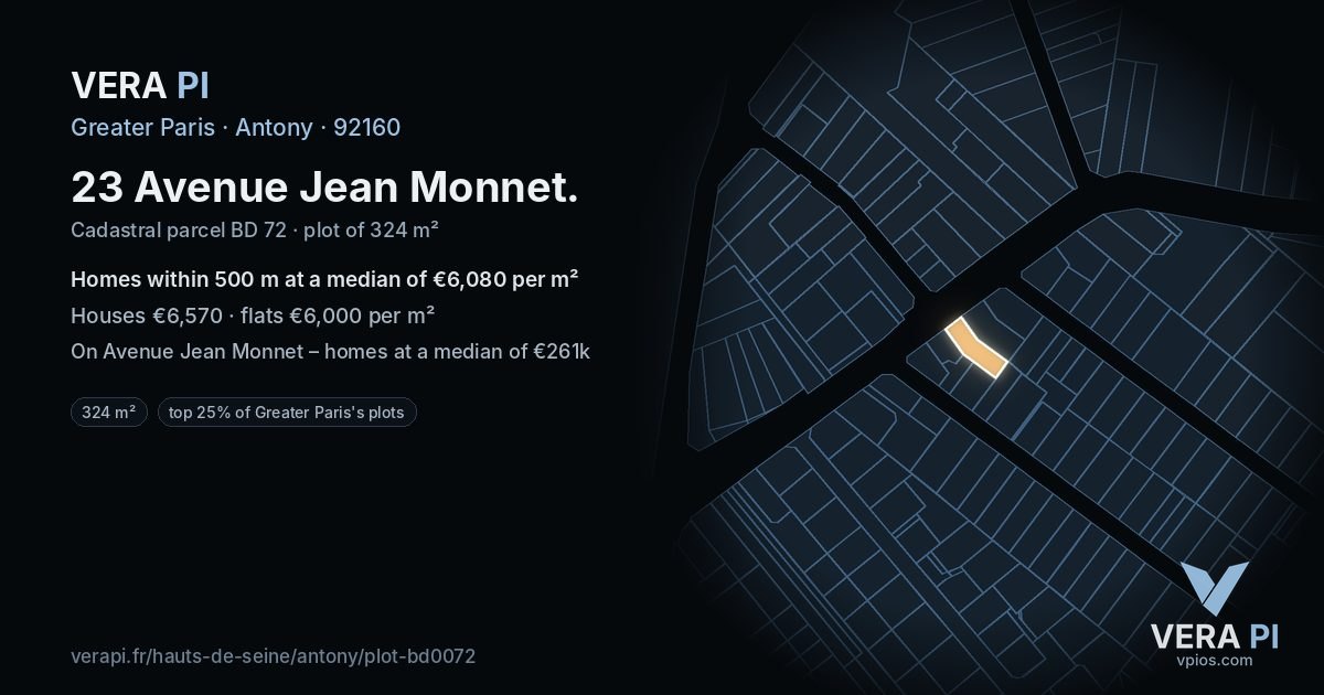 23 Avenue Jean Monnet, Antony at night – the plot lit, the parcels around coloured by the prices near them