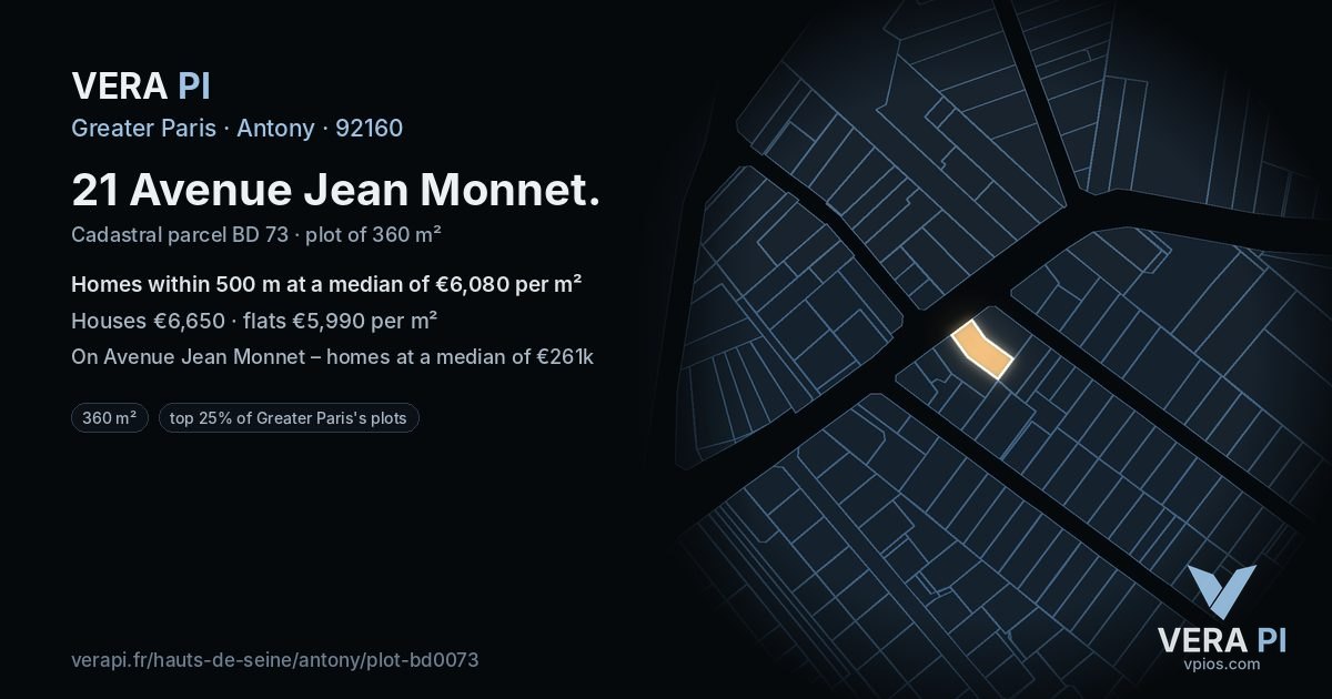 21 Avenue Jean Monnet, Antony at night – the plot lit, the parcels around coloured by the prices near them