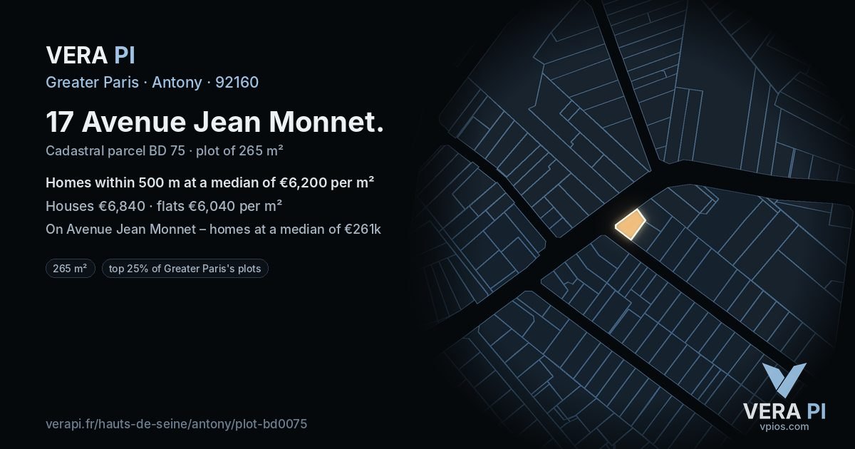 17 Avenue Jean Monnet, Antony at night – the plot lit, the parcels around coloured by the prices near them