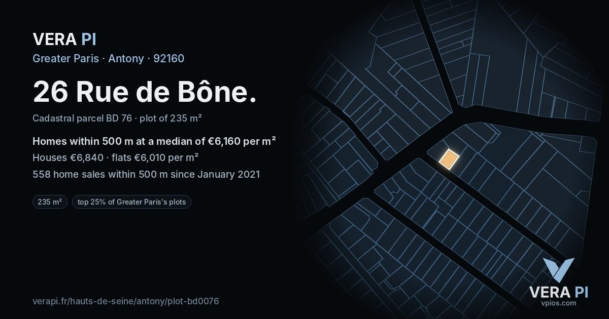 26 Rue de Bône, Antony at night – the plot lit, the parcels around coloured by the prices near them