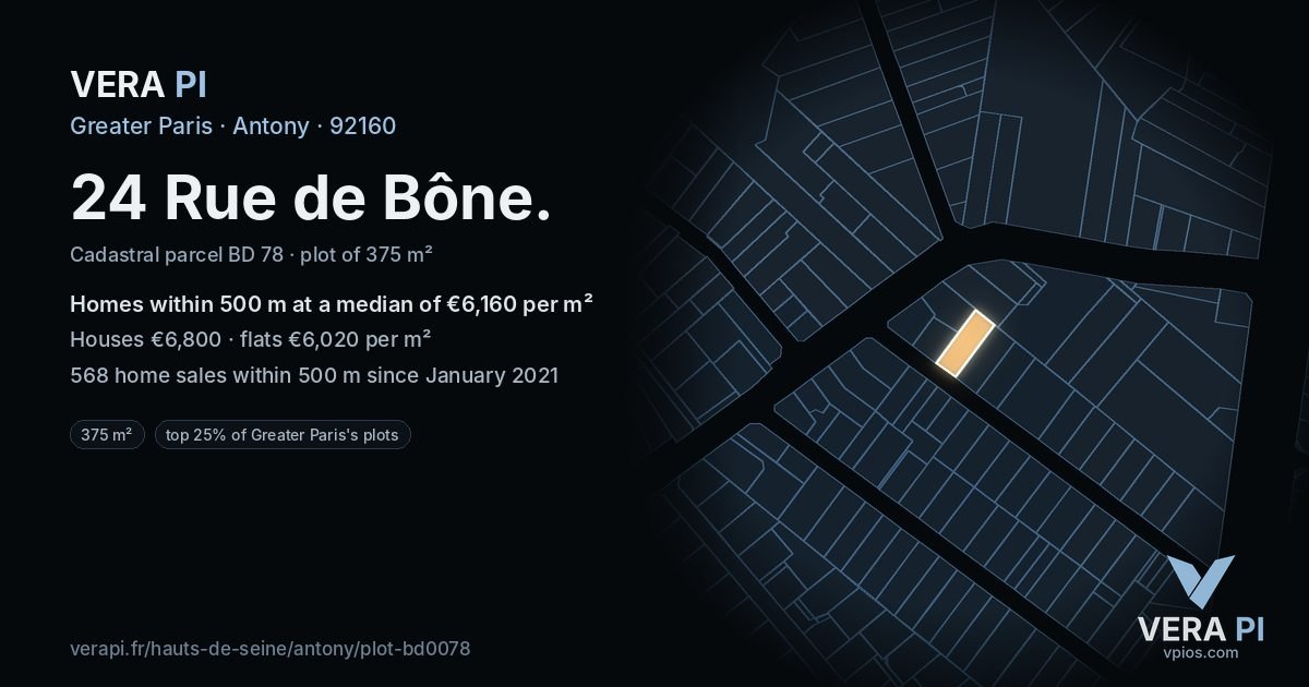 24 Rue de Bône, Antony at night – the plot lit, the parcels around coloured by the prices near them