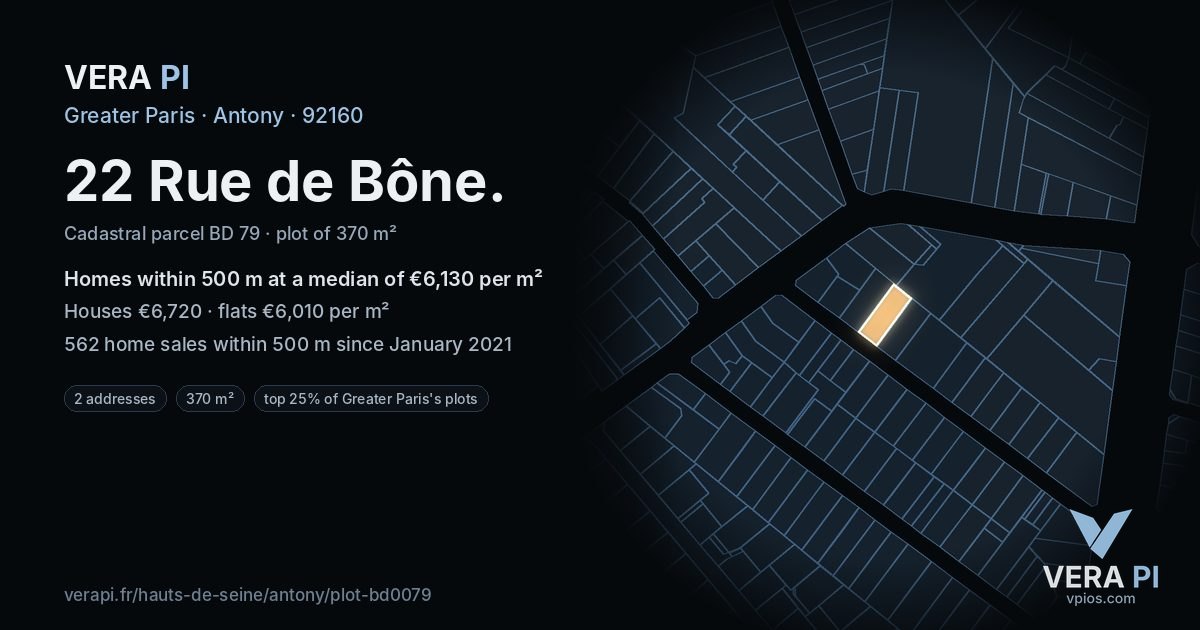 22 Rue de Bône, Antony at night – the plot lit, the parcels around coloured by the prices near them