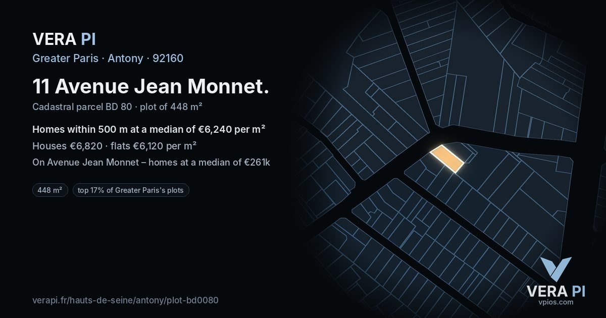 11 Avenue Jean Monnet, Antony at night – the plot lit, the parcels around coloured by the prices near them