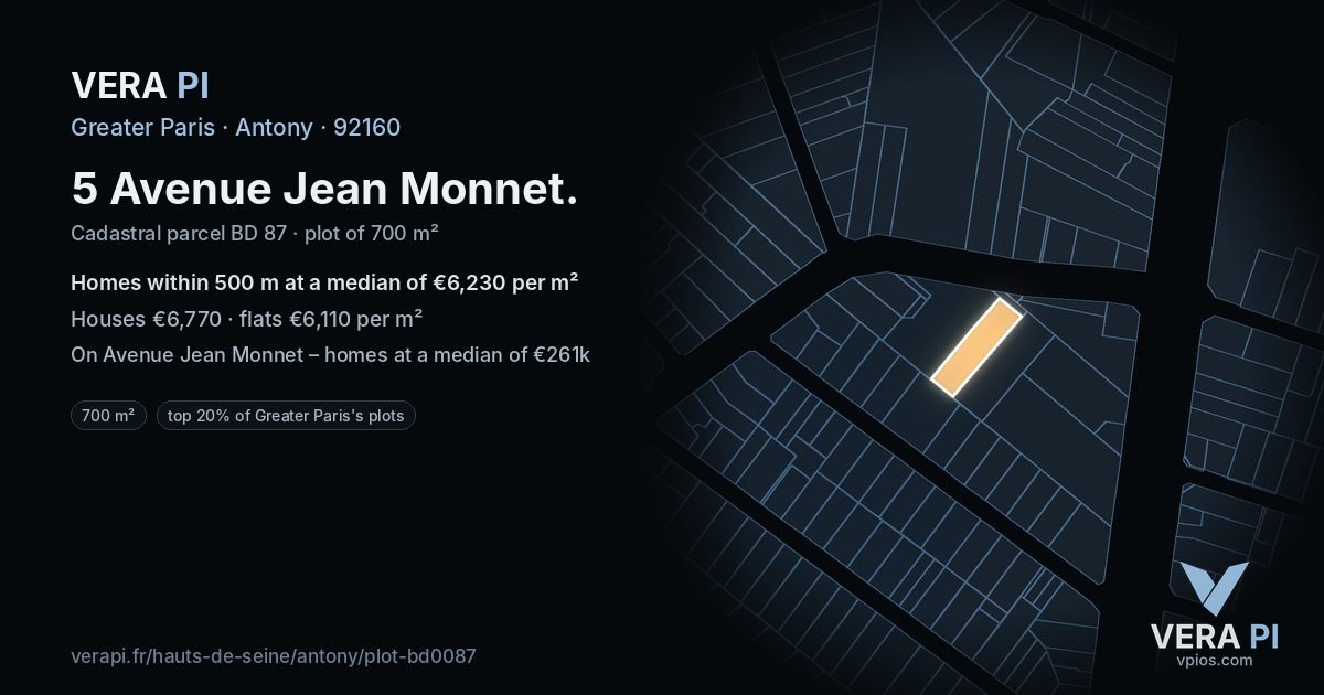 5 Avenue Jean Monnet, Antony at night – the plot lit, the parcels around coloured by the prices near them