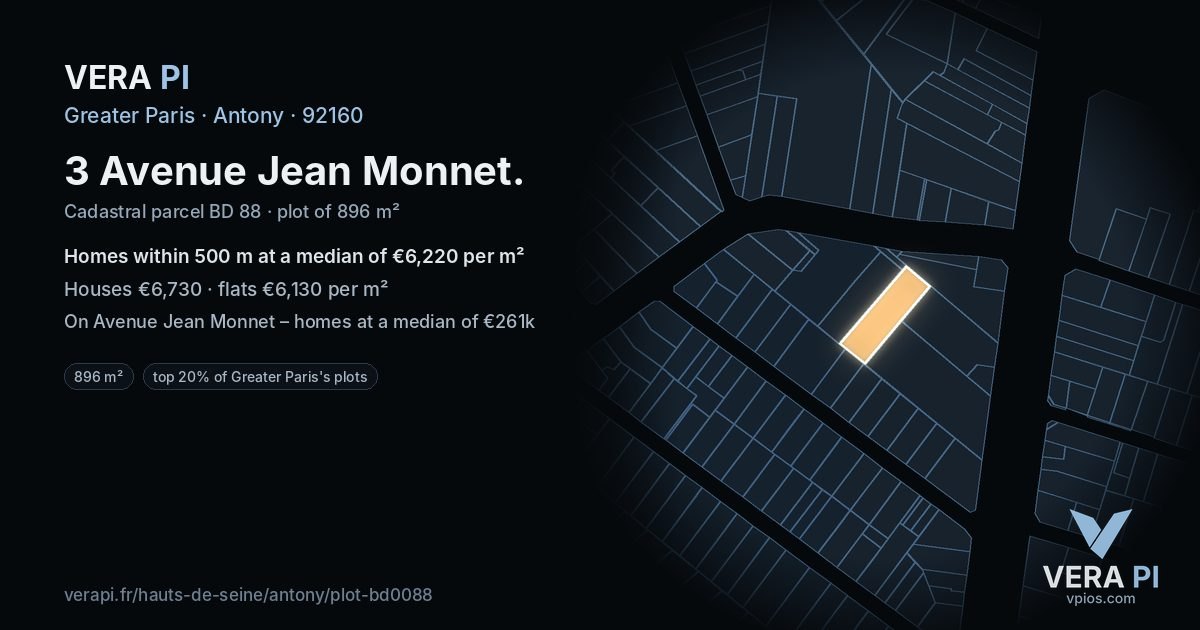3 Avenue Jean Monnet, Antony at night – the plot lit, the parcels around coloured by the prices near them