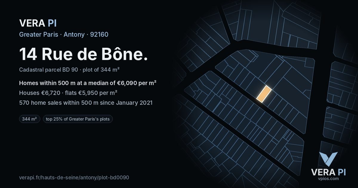 14 Rue de Bône, Antony at night – the plot lit, the parcels around coloured by the prices near them