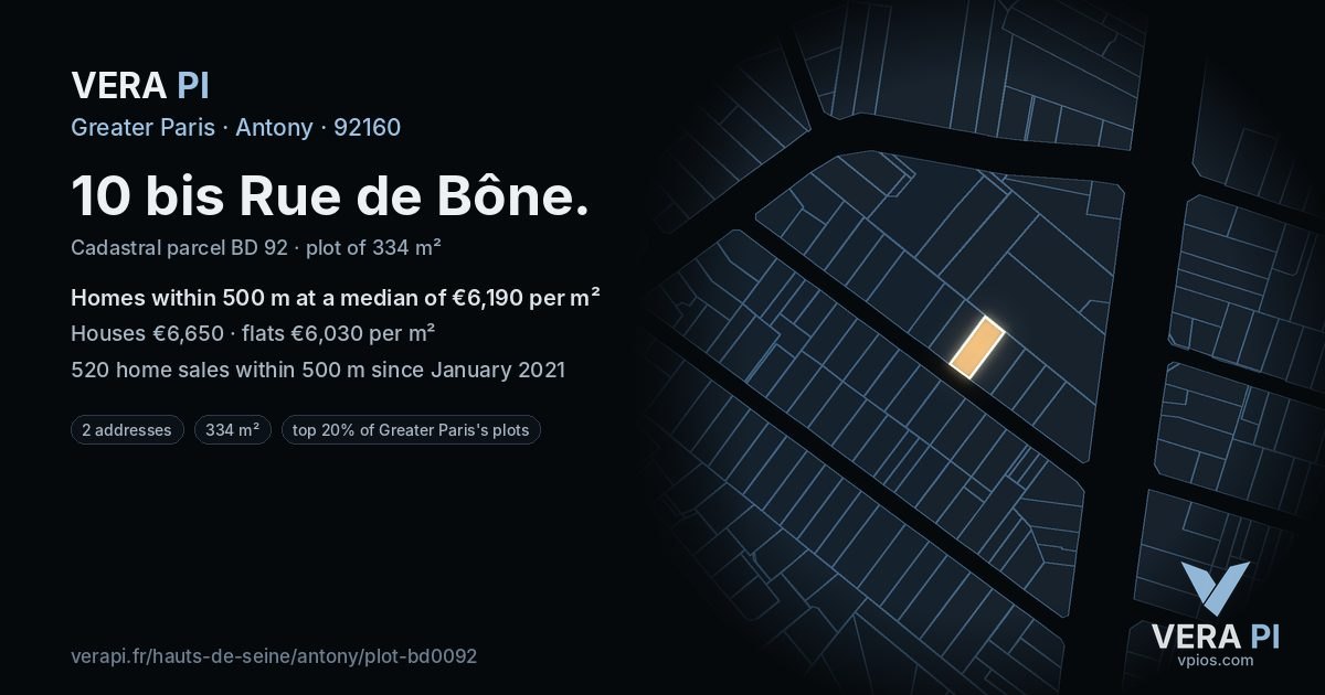 10 bis Rue de Bône, Antony at night – the plot lit, the parcels around coloured by the prices near them