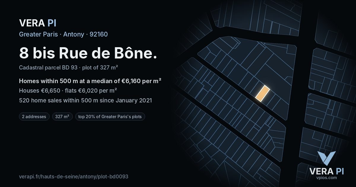 8 bis Rue de Bône, Antony at night – the plot lit, the parcels around coloured by the prices near them