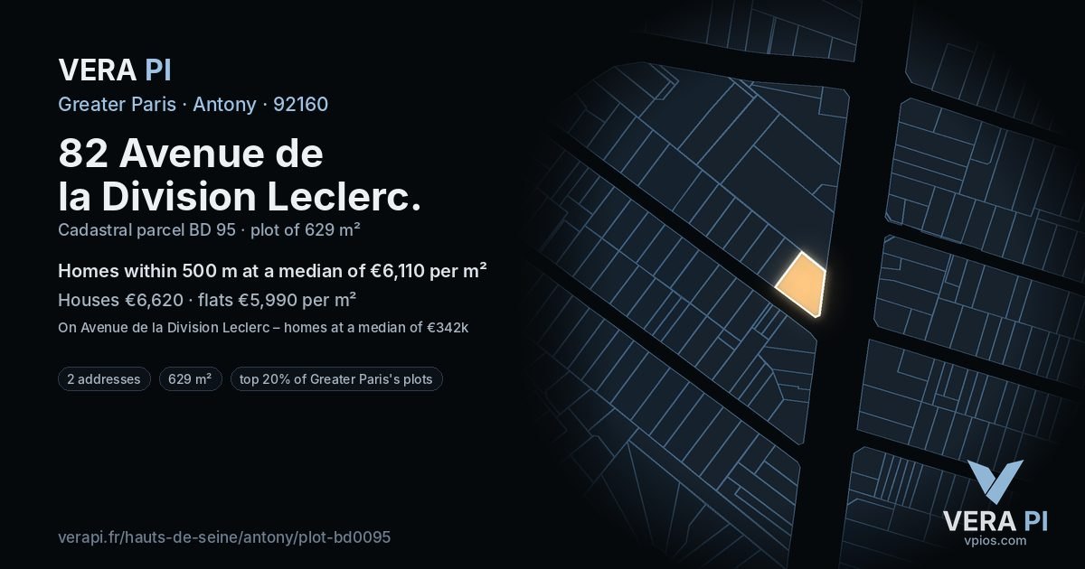 82 Avenue de la Division Leclerc, Antony at night – the plot lit, the parcels around coloured by the prices near them