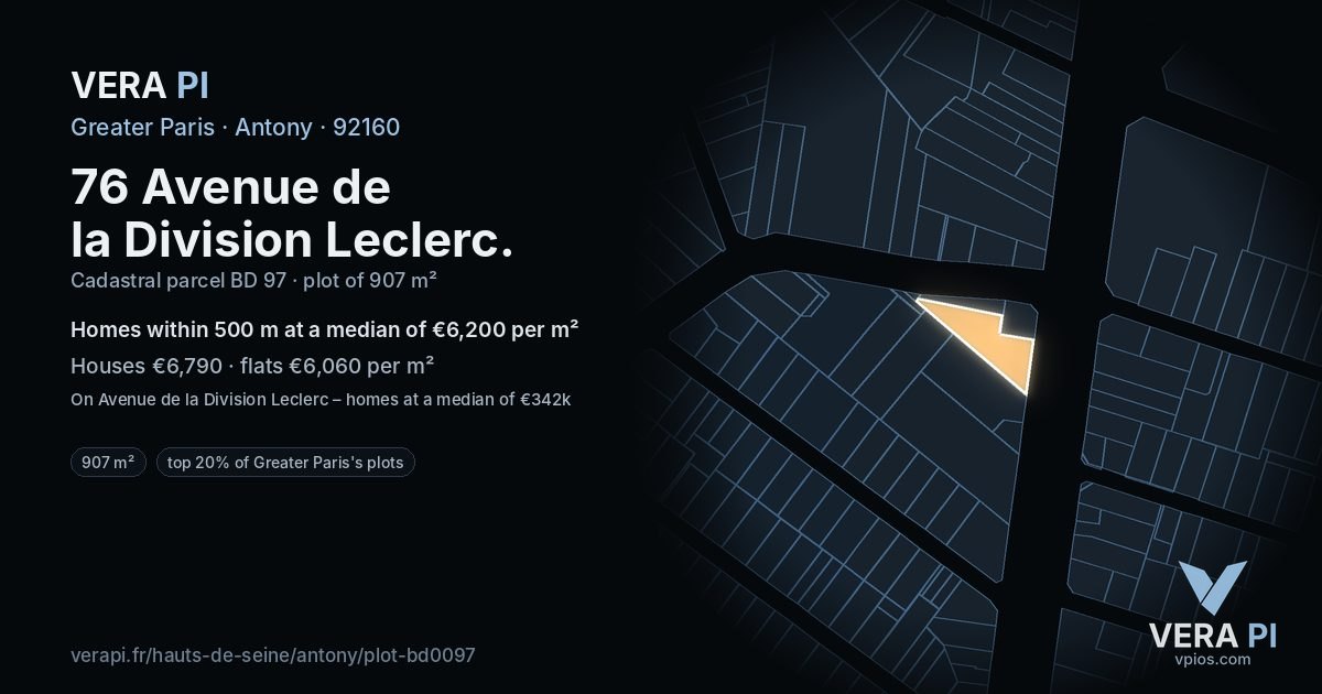 76 Avenue de la Division Leclerc, Antony at night – the plot lit, the parcels around coloured by the prices near them