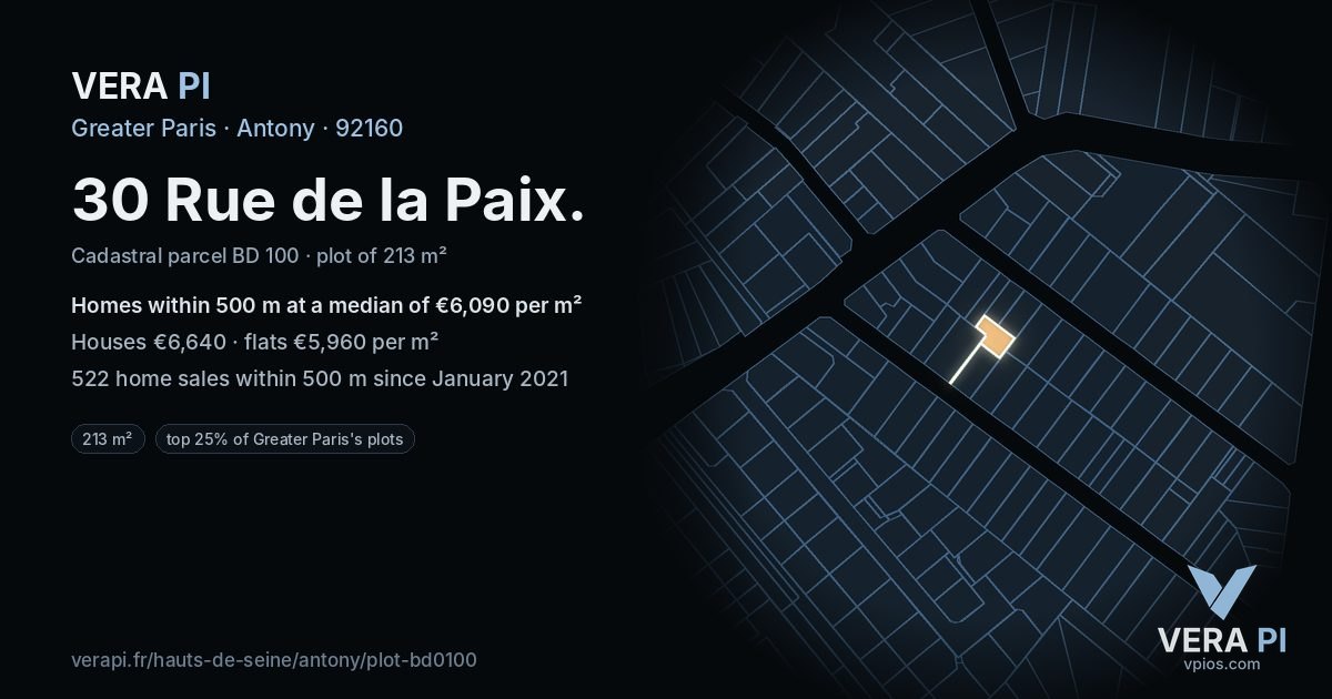 30 Rue de la Paix, Antony at night – the plot lit, the parcels around coloured by the prices near them