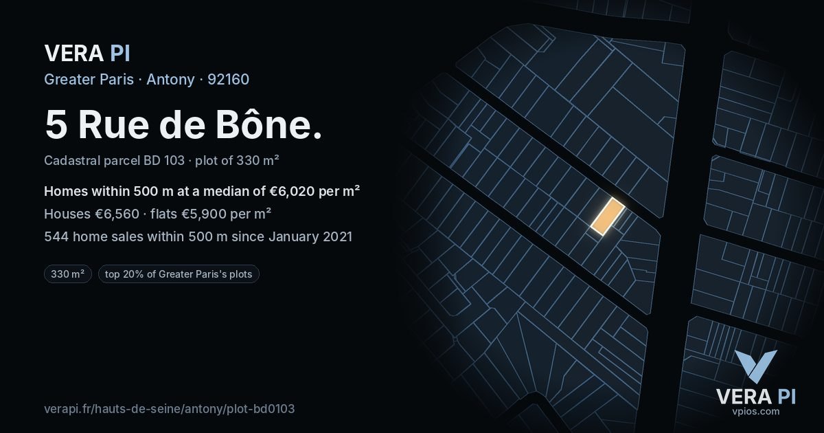 5 Rue de Bône, Antony at night – the plot lit, the parcels around coloured by the prices near them