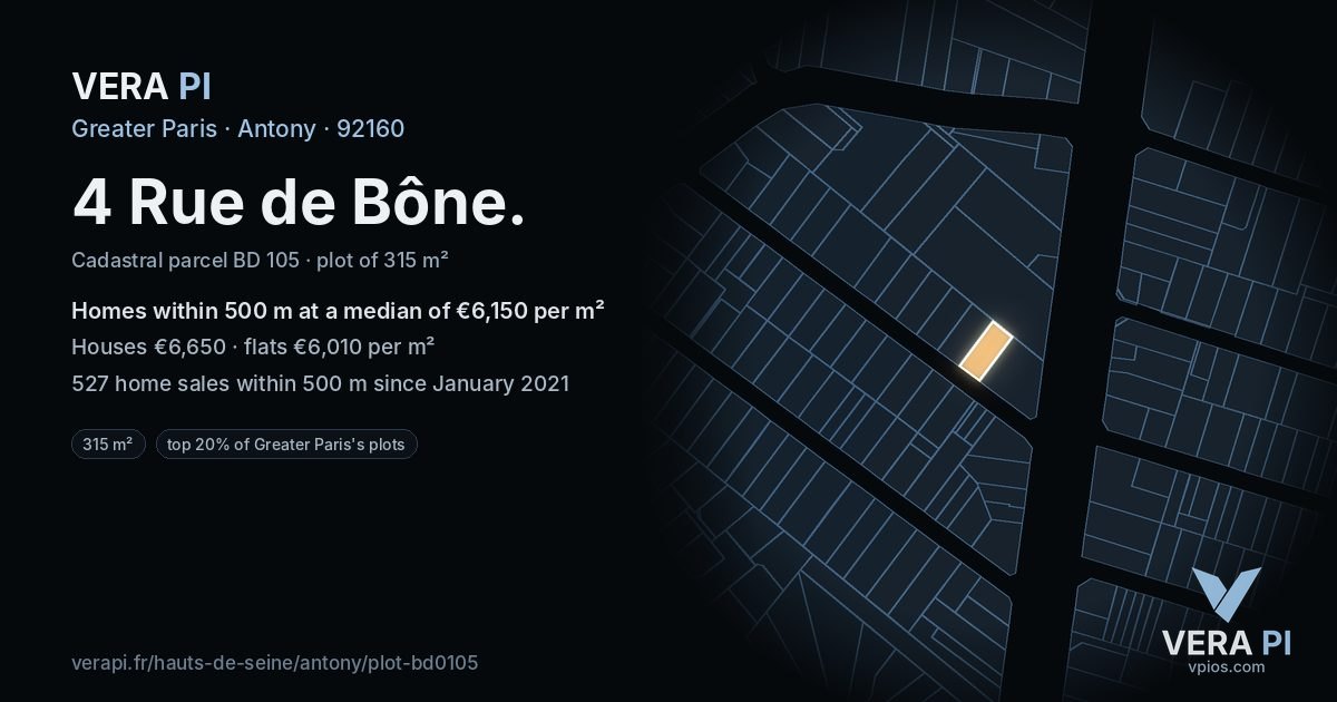 4 Rue de Bône, Antony at night – the plot lit, the parcels around coloured by the prices near them