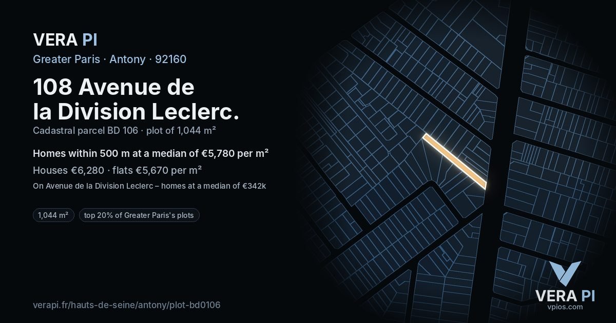 108 Avenue de la Division Leclerc, Antony at night – the plot lit, the parcels around coloured by the prices near them