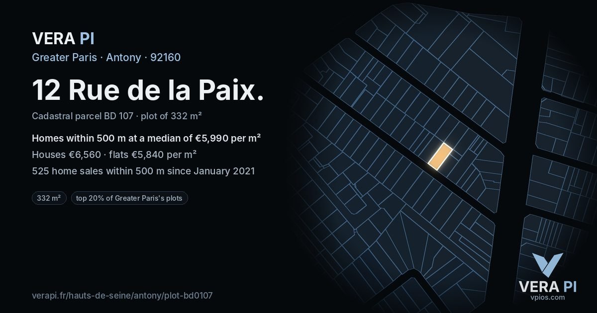 12 Rue de la Paix, Antony at night – the plot lit, the parcels around coloured by the prices near them