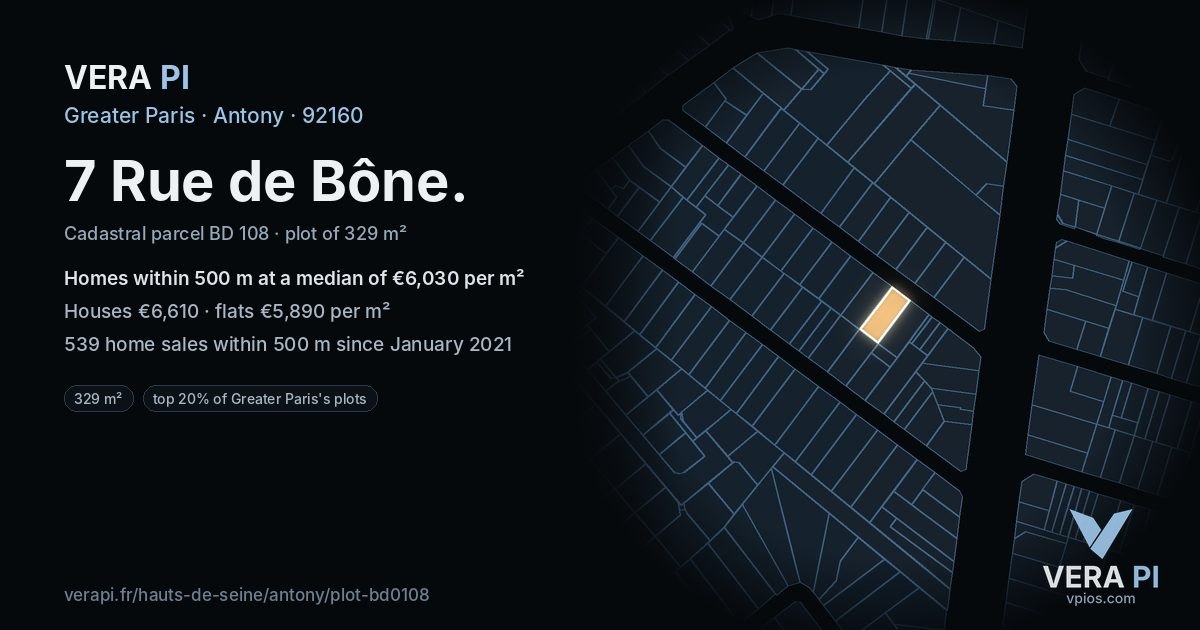 7 Rue de Bône, Antony at night – the plot lit, the parcels around coloured by the prices near them