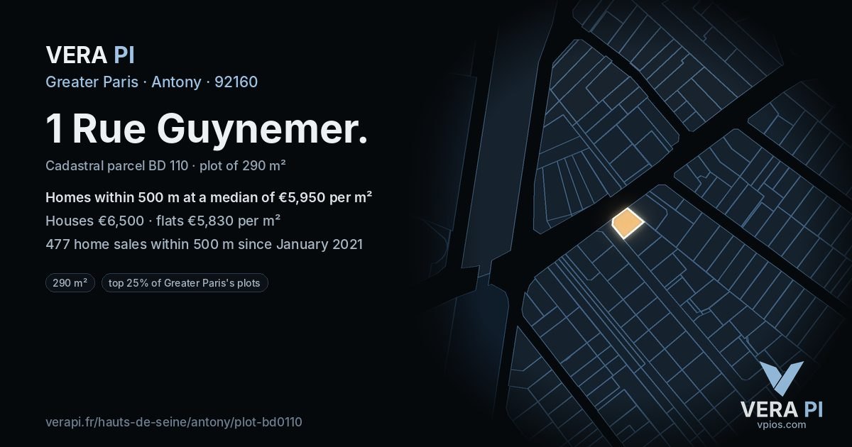 1 Rue Guynemer, Antony at night – the plot lit, the parcels around coloured by the prices near them