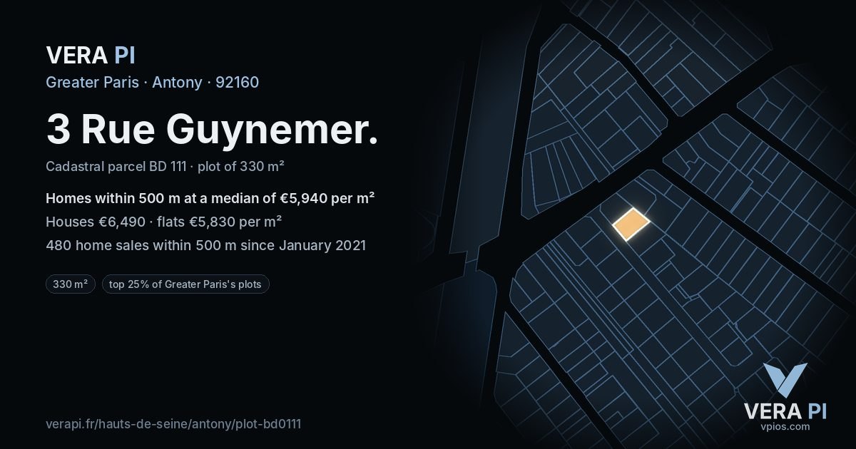 3 Rue Guynemer, Antony at night – the plot lit, the parcels around coloured by the prices near them