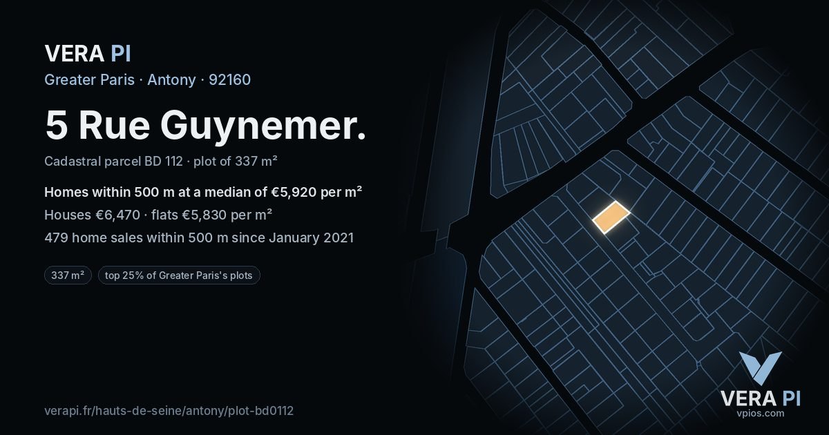 5 Rue Guynemer, Antony at night – the plot lit, the parcels around coloured by the prices near them