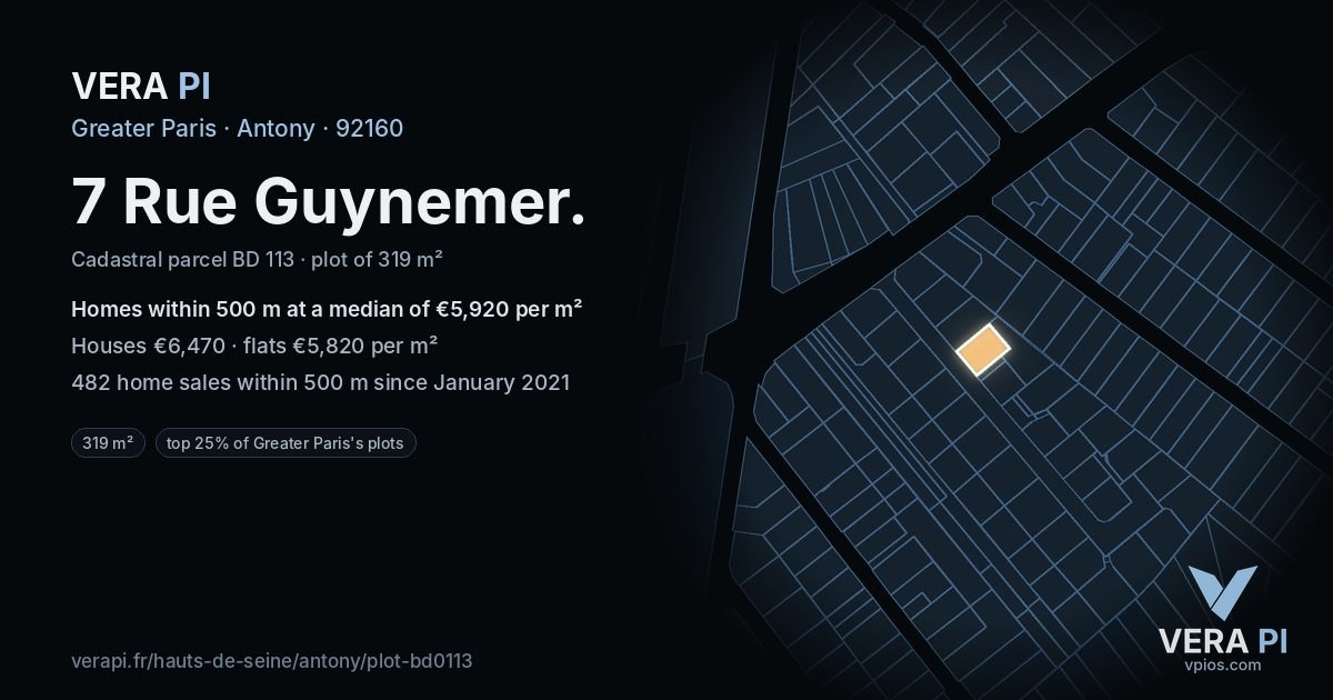 7 Rue Guynemer, Antony at night – the plot lit, the parcels around coloured by the prices near them