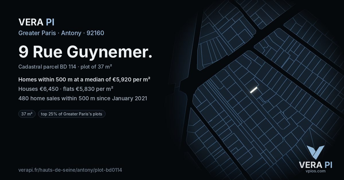 9 Rue Guynemer, Antony at night – the plot lit, the parcels around coloured by the prices near them