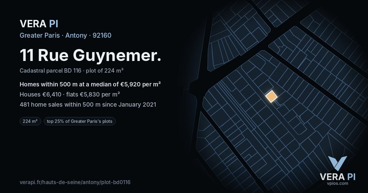 11 Rue Guynemer, Antony at night – the plot lit, the parcels around coloured by the prices near them