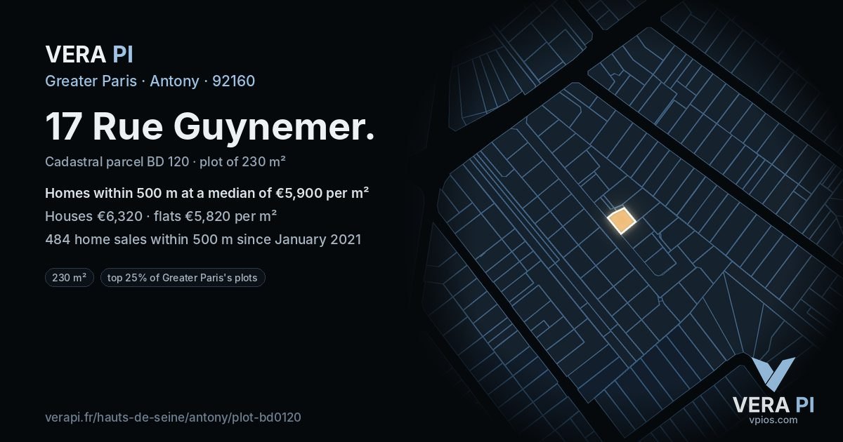 17 Rue Guynemer, Antony at night – the plot lit, the parcels around coloured by the prices near them