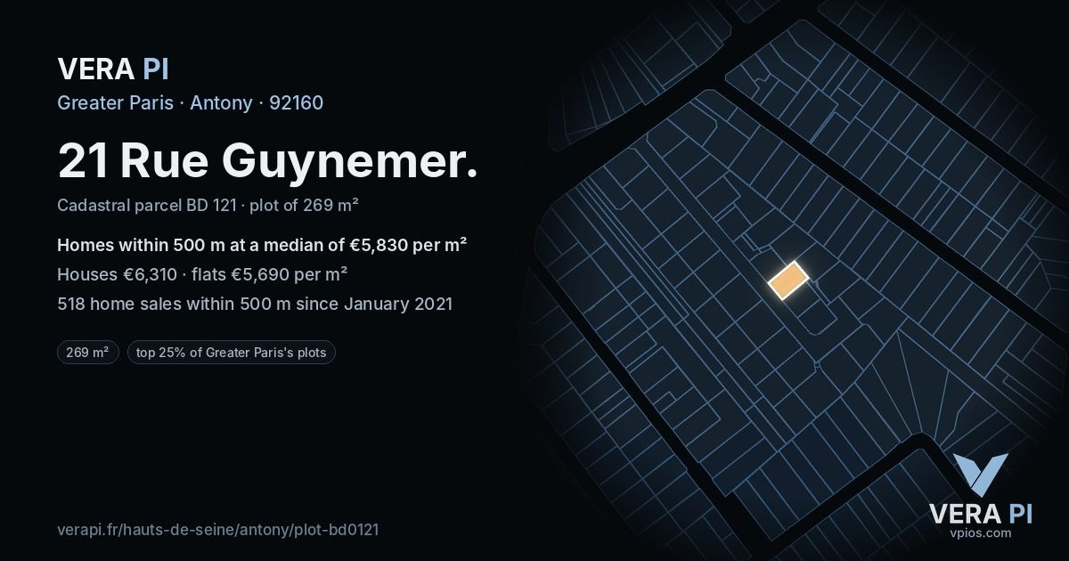 21 Rue Guynemer, Antony at night – the plot lit, the parcels around coloured by the prices near them