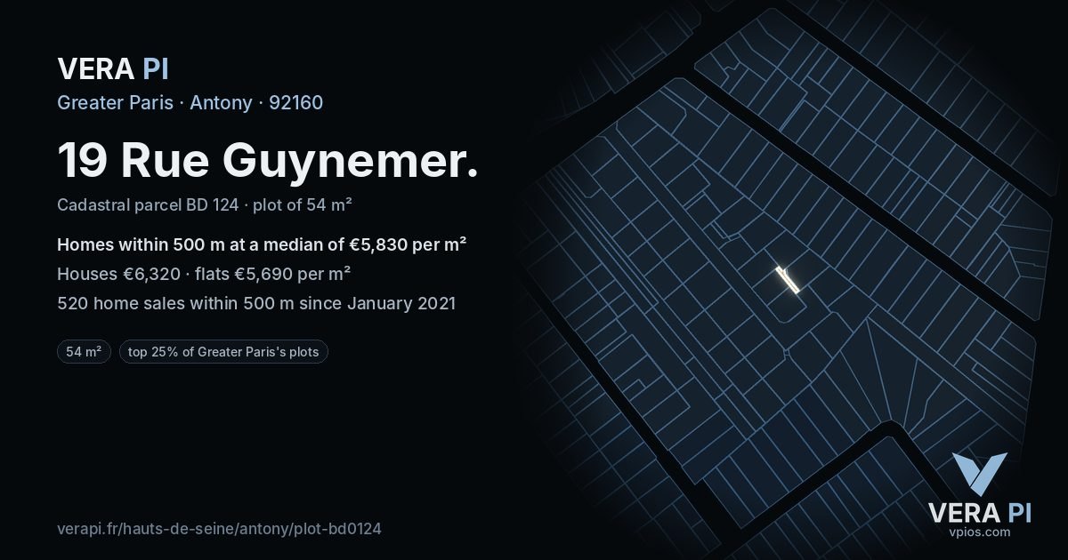 19 Rue Guynemer, Antony at night – the plot lit, the parcels around coloured by the prices near them