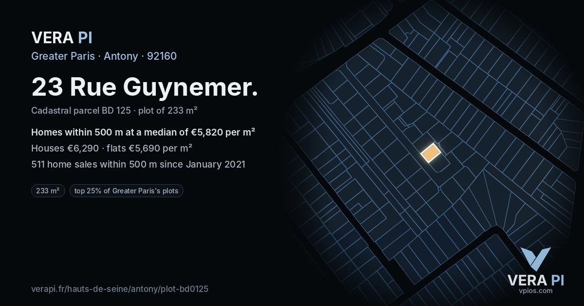 23 Rue Guynemer, Antony at night – the plot lit, the parcels around coloured by the prices near them