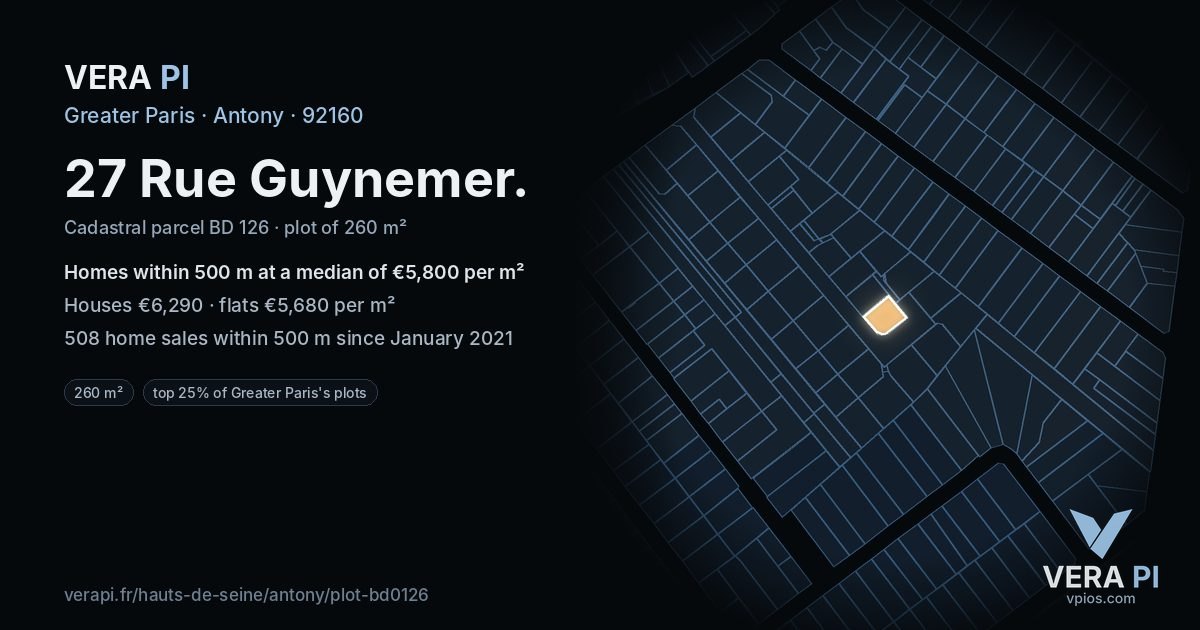 27 Rue Guynemer, Antony at night – the plot lit, the parcels around coloured by the prices near them