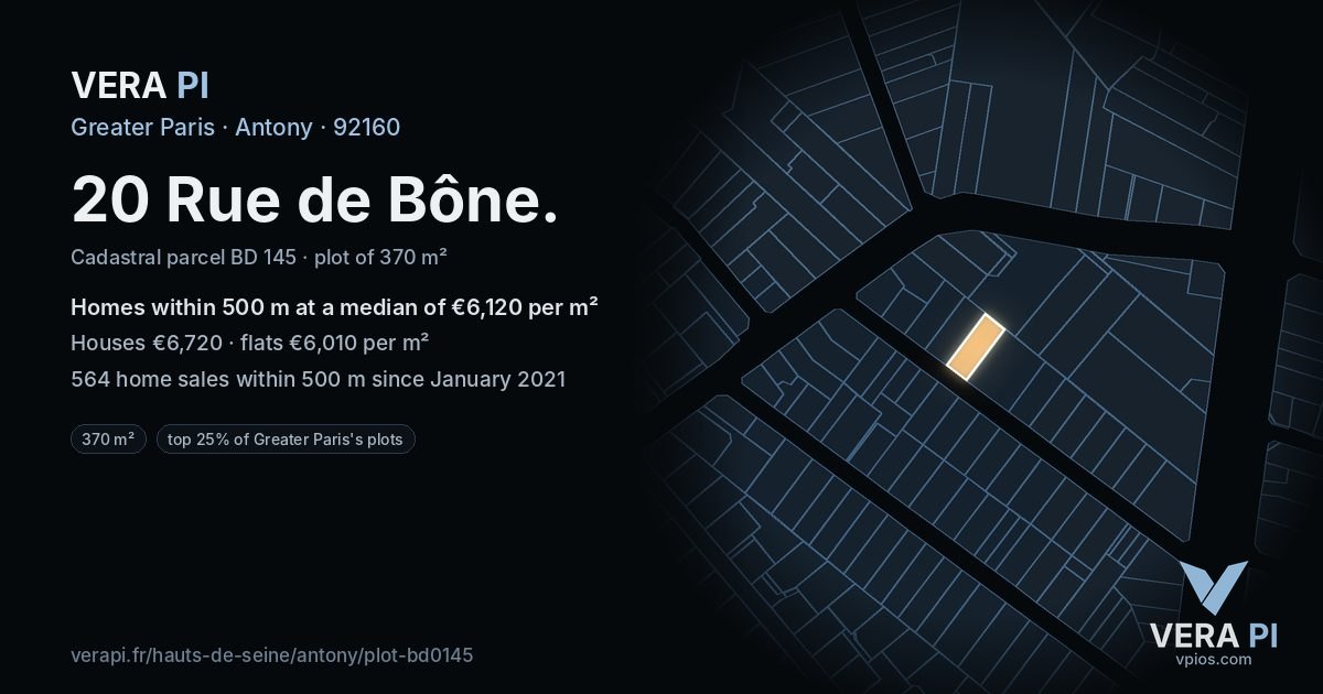 20 Rue de Bône, Antony at night – the plot lit, the parcels around coloured by the prices near them