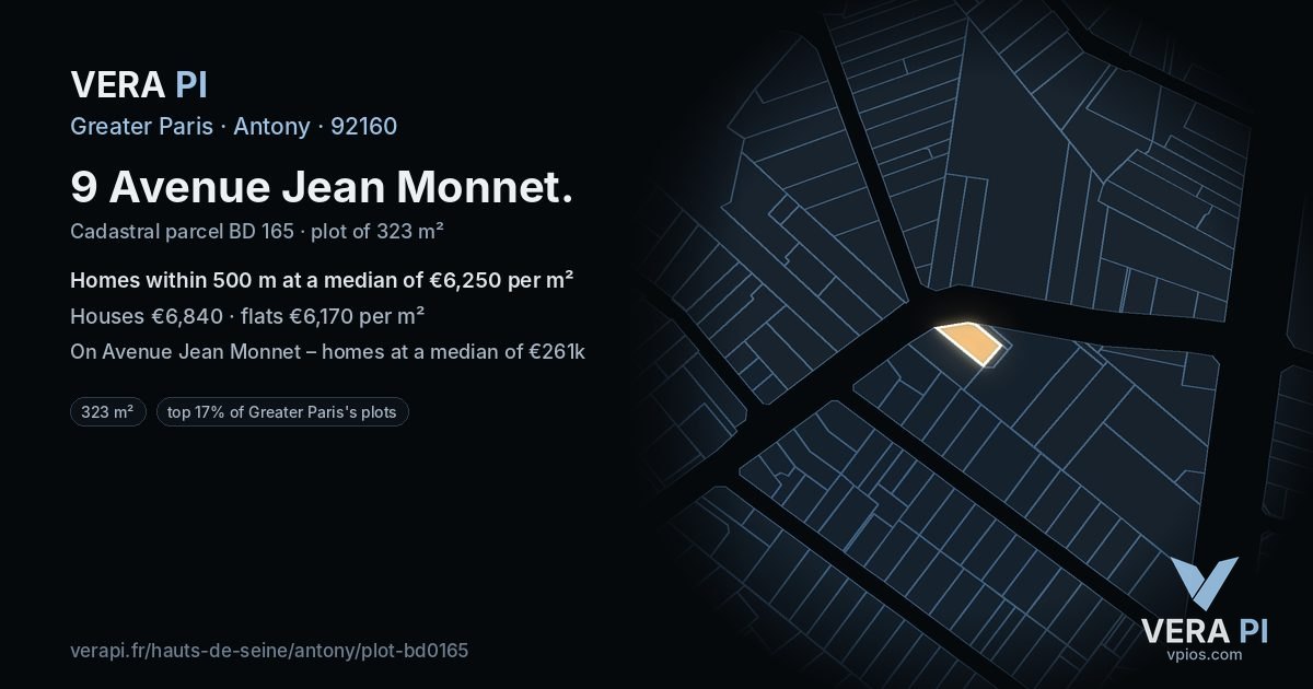 9 Avenue Jean Monnet, Antony at night – the plot lit, the parcels around coloured by the prices near them