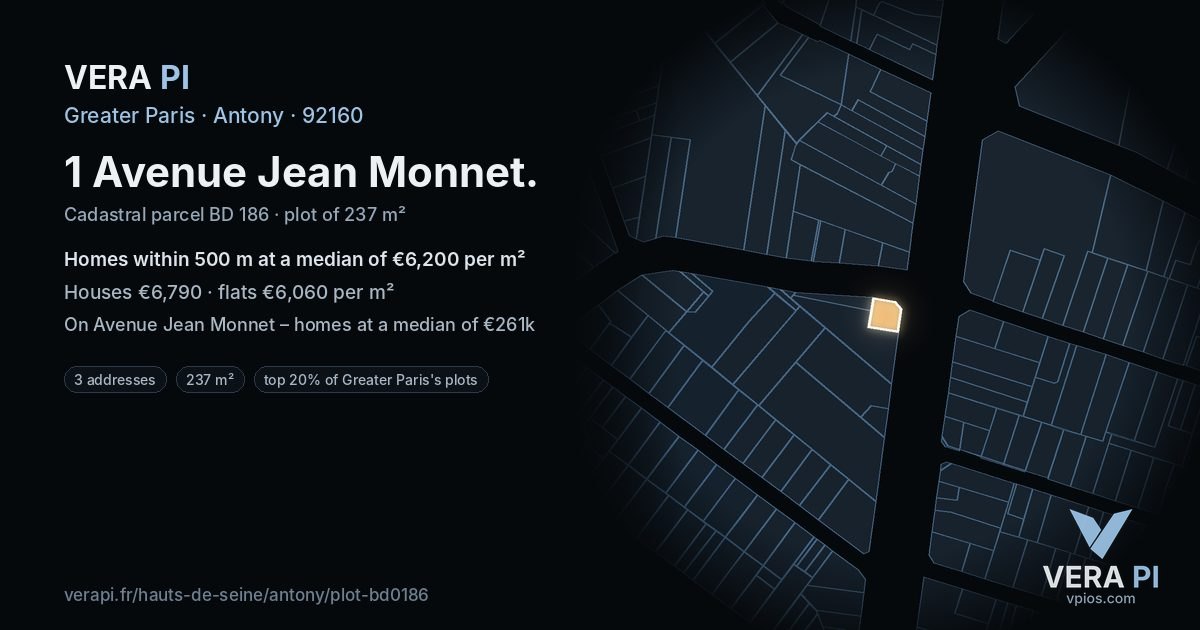 1 Avenue Jean Monnet, Antony at night – the plot lit, the parcels around coloured by the prices near them