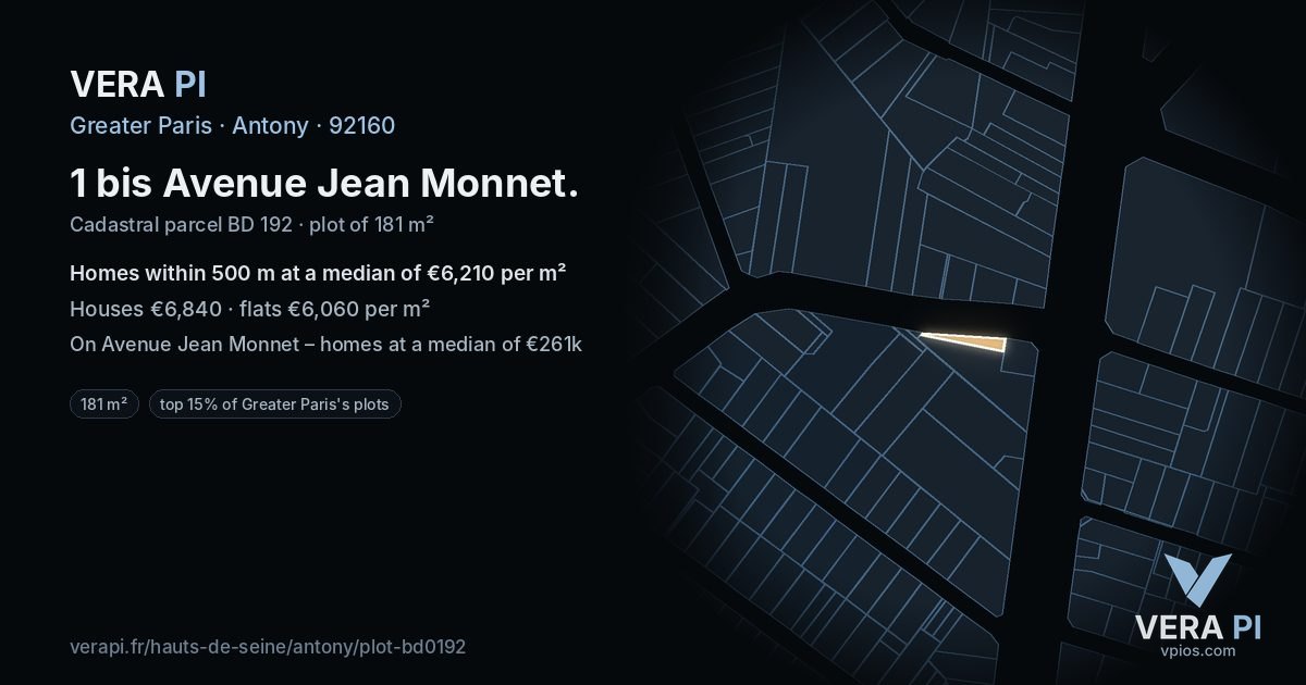 1 bis Avenue Jean Monnet, Antony at night – the plot lit, the parcels around coloured by the prices near them