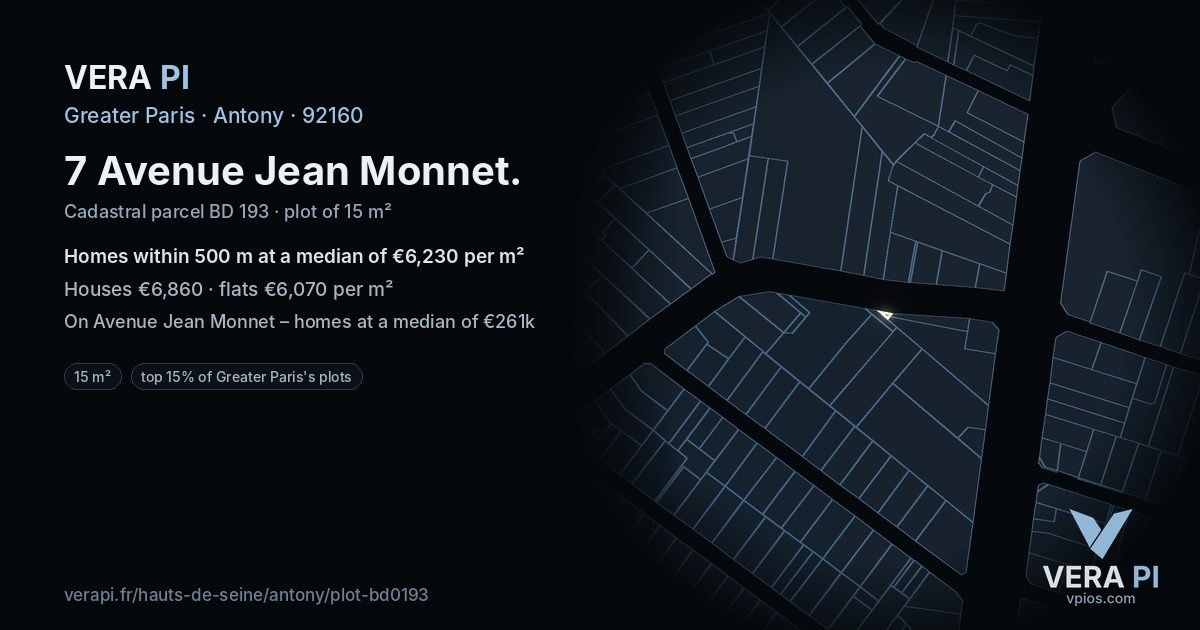 7 Avenue Jean Monnet, Antony at night – the plot lit, the parcels around coloured by the prices near them
