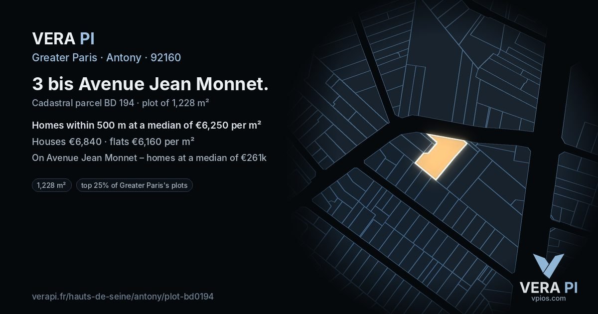 3 bis Avenue Jean Monnet, Antony at night – the plot lit, the parcels around coloured by the prices near them