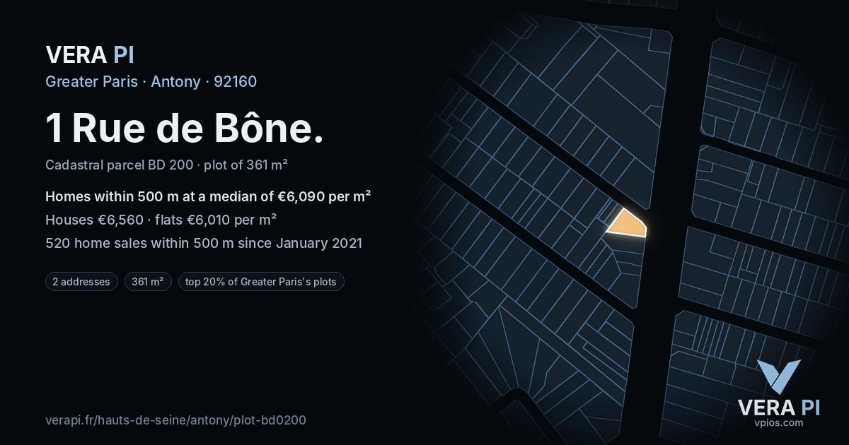 1 Rue de Bône, Antony at night – the plot lit, the parcels around coloured by the prices near them