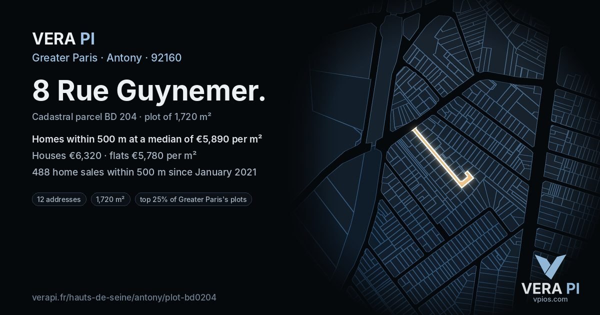 8 Rue Guynemer, Antony at night – the plot lit, the parcels around coloured by the prices near them