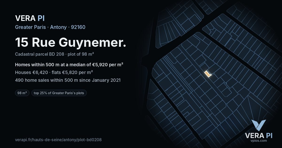 15 Rue Guynemer, Antony at night – the plot lit, the parcels around coloured by the prices near them