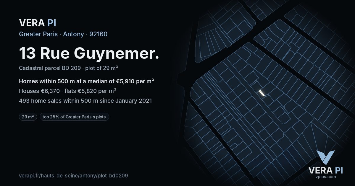 13 Rue Guynemer, Antony at night – the plot lit, the parcels around coloured by the prices near them